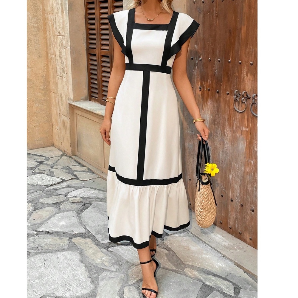 Classic Square Neck Color Block Flutter Sleeve Mi… - image 4